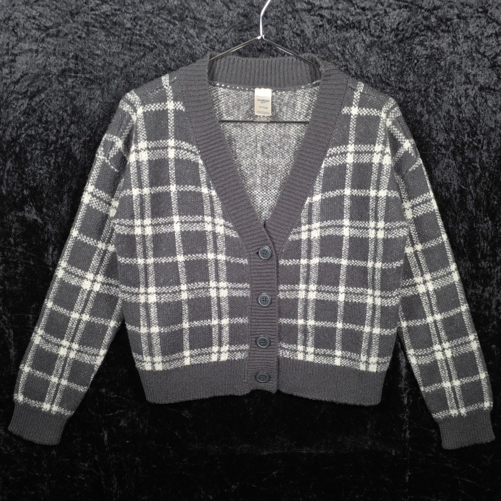 OshKosh Bgosh Girls Gray White Plaid Button Front Cardigan Sweater Size 12